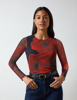 Ro&Zo Women's Mesh Jersey Floral Round Neck Top - 12REG - Red Mix, Red Mix