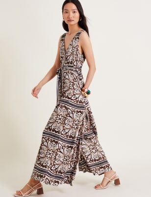 Monsoon Women's Printed Belted Sleeveless Wide Leg Jumpsuit - Brown Mix, Brown Mix