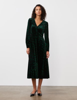 Finery London Women's Velvet Animal Print V-Neck Midi Dress - 24 - Green Mix, Green Mix