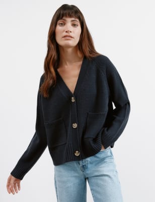 Albaray Women's Relaxed V-Neck Cardigan with Wool - 16 - Navy, Navy