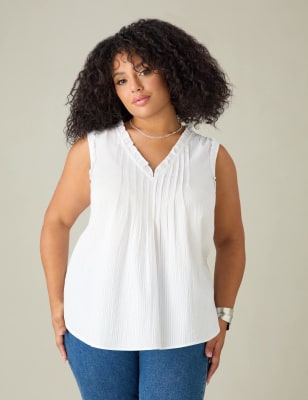 Live Unlimited London Women's Pure Cotton Striped V-Neck Vest Top - 14 - White Mix, White Mix