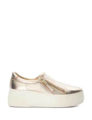 Dune London Women's Leather Metallic Platform Trainers - 6 - White, Black,White,Gold