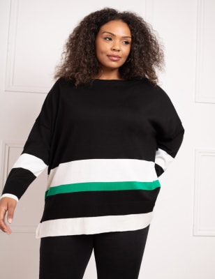 Live Unlimited London Women's Cotton Blend Striped Slash Neck Jumper - 24 - Black Mix, Black Mix