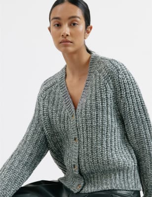 Albaray Women's Wool Blend Knitted V-Neck Cardigan - 12 - Grey, Grey