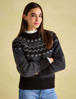 Joules Women's Fair Isle Crew Neck Jumper with Wool - 12 - Black Mix, Black Mix