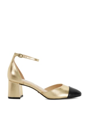 Dune London Women's Leather Buckle Block Heel Court Shoes - 6 - Camel, Gold,Camel