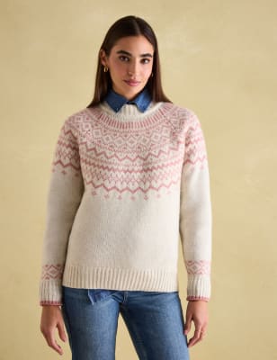 Joules Women's Fair Isle Crew Neck Jumper with Wool - 24 - Cream, Cream