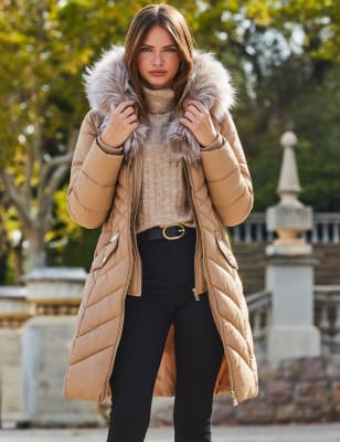 Sosandar Women's Faux Fur Padded Shawl Collar Puffer Coat - 12 - Tan, Tan