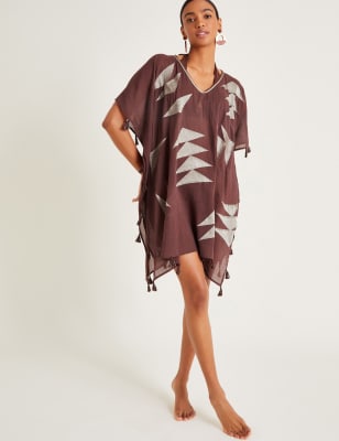 Monsoon Women's Pure Cotton Printed V-Neck Mini Kaftan - Brown Mix, Brown Mix