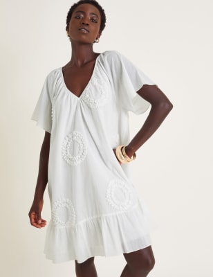 Monsoon Women's Pure Cotton Embroidered V-Neck Smock Dress - White, White