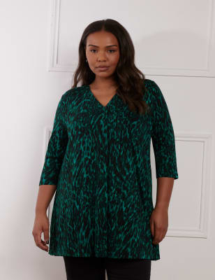 Live Unlimited London Women's Jersey Animal Print V-Neck Tunic - 16REG - Green Mix, Green Mix