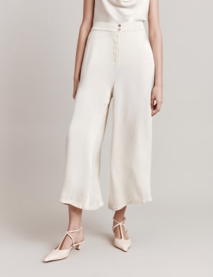 Ghost Women's Satin Wide Leg Cropped Trousers - Ivory, Black,Ivory