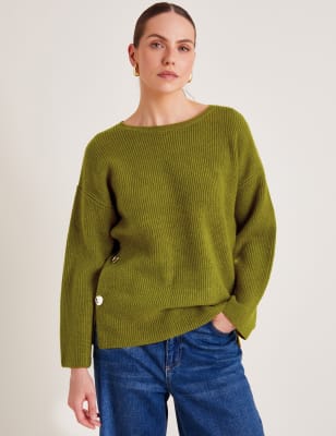 Monsoon Women's Textured Crew Neck Longline Jumper - Green, Green