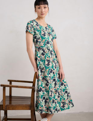 Seasalt Cornwall Women's Cotton Rich Floral Midi Waisted Dress - 12REG - Teal Mix, Teal Mix