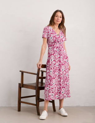 Seasalt Cornwall Women's Pure Cotton Floral V-Neck Midi Waisted Dress - 18REG - Pink Mix, Pink Mix