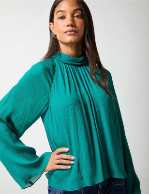 Ro&Zo Women's High Neck Relaxed Blouse - 8REG - Teal, Teal,Ivory