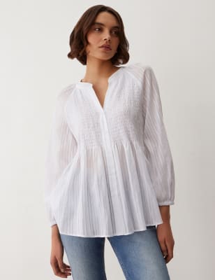 Finery London Women's Pure Cotton Striped Shirred Blouse - 14 - White, White