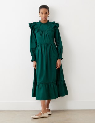 Finery London Women's Pure Cotton Ruffle Midi Tiered Dress - 12 - Black, Black,Green,Indigo