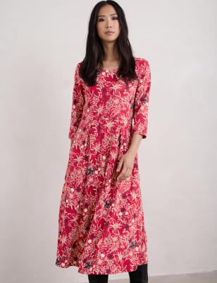 Seasalt Cornwall Women's Pure Cotton Floral Midi Waisted Dress - 14REG - Red Mix, Red Mix