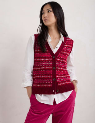 Seasalt Cornwall Women's Lambswool Rich Fair Isle V-Neck Knitted Vest - 14 - Red Mix, Red Mix