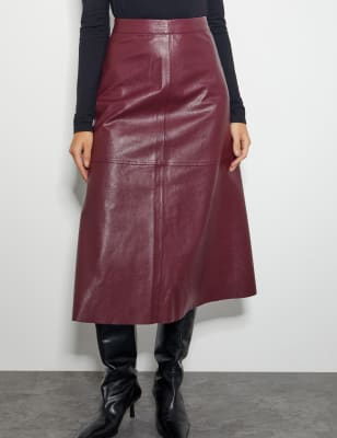 Monsoon Women's Leather Look Midi A-Line Skirt - 14 - Burgundy, Burgundy