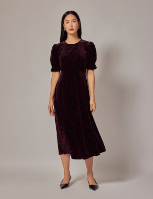 Finery London Women's Velvet Printed Puff Sleeve Midi Tea Dress - 12 - Burgundy Mix, Burgundy Mix,Gr