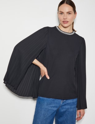 Monsoon Women's Jewel Cape Sleeve Top - Black, Black