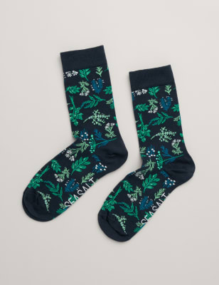 Seasalt Cornwall Women's Cotton Rich Floral Ankle High Socks - Navy Mix, Navy Mix