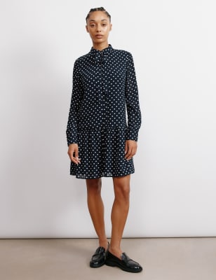 Albaray Women's Polka Dot Tie Neck Mini Skater Dress - 8 - Navy Mix, Navy Mix