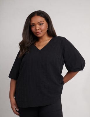 Live Unlimited London Women's Cotton Blend Textured V-Neck Puff Sleeve Top - 20 - Black, Black