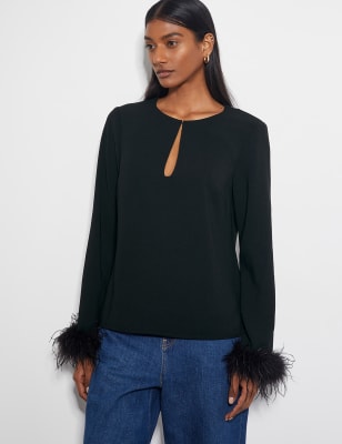 Monsoon Women's Round Neck Feather Detail Top - 12 - Black, Black