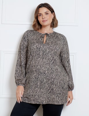 Live Unlimited London Women's Animal Print Tie Neck Tunic - 18REG - Black Mix, Black Mix