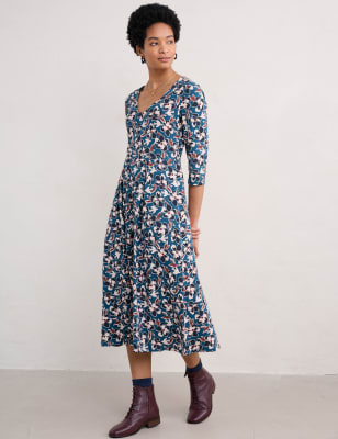 Seasalt Cornwall Women's Cotton Rich Floral V-Neck Midi Dress - 20 - Teal Mix, Teal Mix