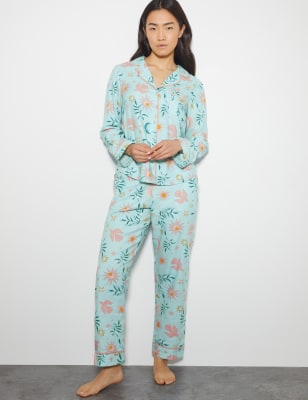 Monsoon Women's Cotton Blend Floral Pyjama Set - Cream Mix, Cream Mix,Teal Mix