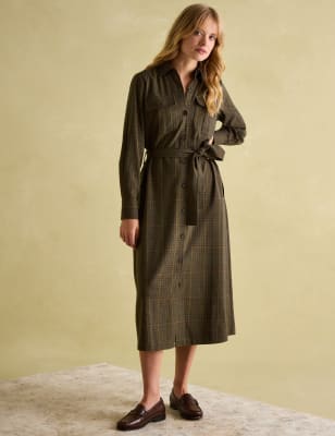 Joules Women's Cotton Rich Checked Midi Shirt Dress - 14 - Khaki Mix, Khaki Mix