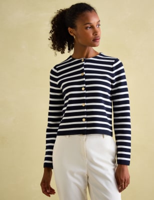 Joules Women's Pure Cotton Striped Button Front Cardigan - 18 - Navy Mix, Navy Mix