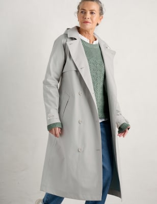 Seasalt Cornwall Women's Pure Cotton Belted Double Breasted Trench Coat - 14REG - Green, Stone,Natur