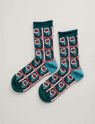 Seasalt Cornwall Women's Cotton Rich Floral Ankle High Socks - Teal Mix, Teal Mix