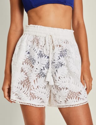 Accessorize Women's Cotton Rich Lace High Waisted Shorts - M - Ivory, Ivory