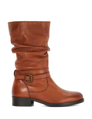 Dune London Women's Leather Buckle Detail Block Heel Boots - 6 - Tan, Tan,Black