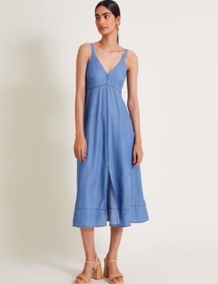 Monsoon Women's Lyocell Denim V-Neck Strappy Midi Slip Dress - XXL - Blue Denim, Blue Denim