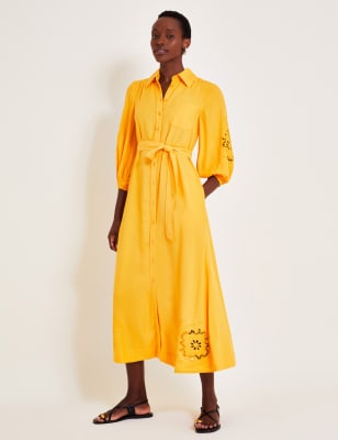 Monsoon Women's Broderie Midi Shirt Dress with Linen - Yellow, Yellow