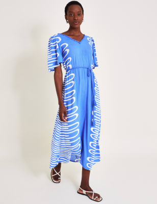 Monsoon Women's Printed V-Neck Midi Smock Dress - Blue Mix, Blue Mix