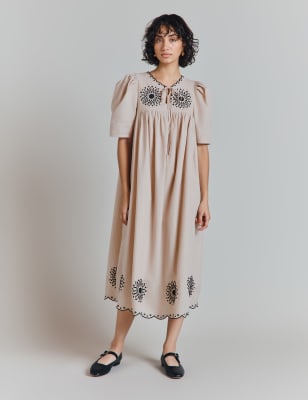 Ghost Women's Pure Cotton Embroidered Midi Smock Dress - L - Natural, Natural,Black