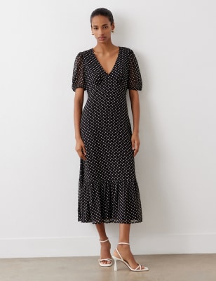 Finery London Women's Polka Dot V-Neck Midi Tiered Dress - 12 - Black Mix, Black Mix