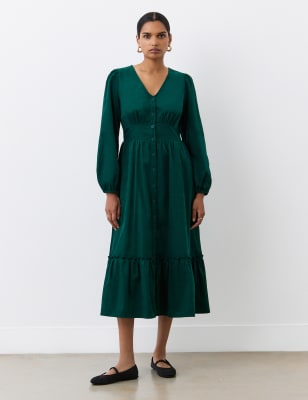 Finery London Women's Pure Cotton Cord V-Neck Midi Dress - 16 - Green, Green,Navy,Black