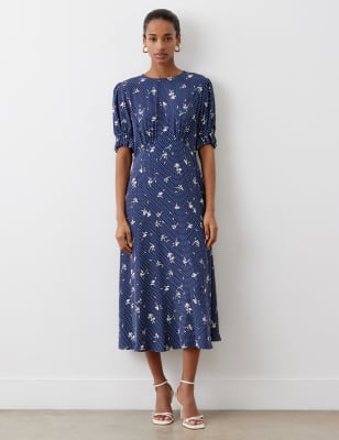 Finery London Women's Floral Round Neck Puff Sleeve Midi Tea Dress - 10 - Navy Mix, Navy Mix