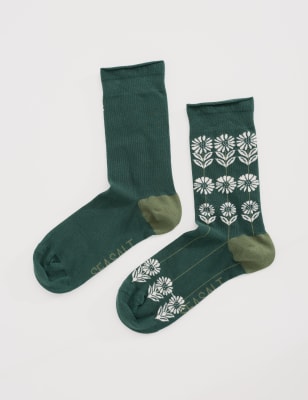 Seasalt Cornwall Women's Cotton Rich Daisy Print Ankle High Socks - Green Mix, Green Mix