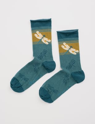 Seasalt Cornwall Women's Cotton Rich Dragonfly Ankle High Socks - Teal Mix, Teal Mix