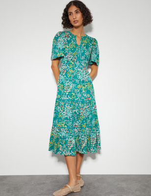 Monsoon Women's Cotton Rich Floral Notch Neck Midi Dress - Teal Mix, Teal Mix